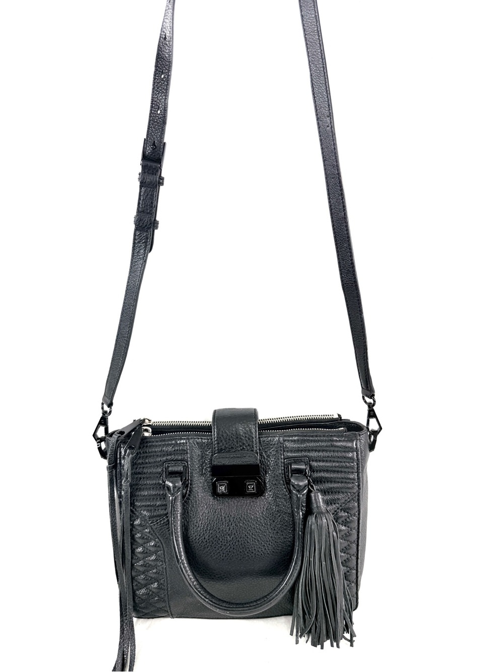 Rebecca Minkoff Aliz Black Leather Mini Tote Crossbody Bag Tassel Quilted Latch